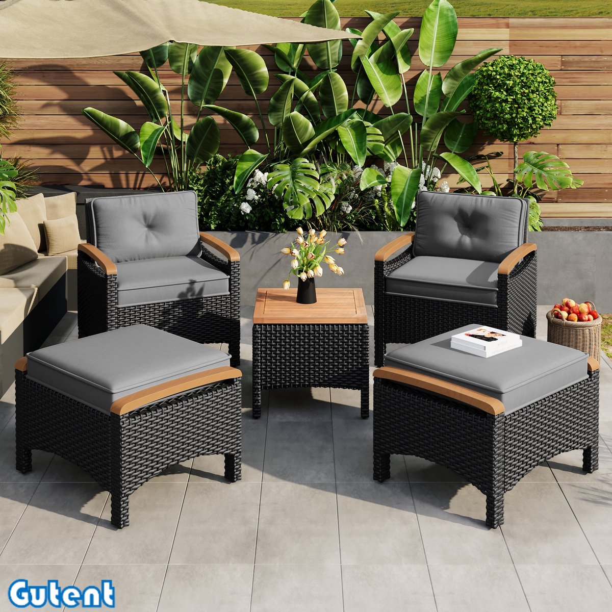 Gutent Rotan balkonset (5 stuks) - acaciahouten bladen - Grijze kussens - 160 kg draagvermogen