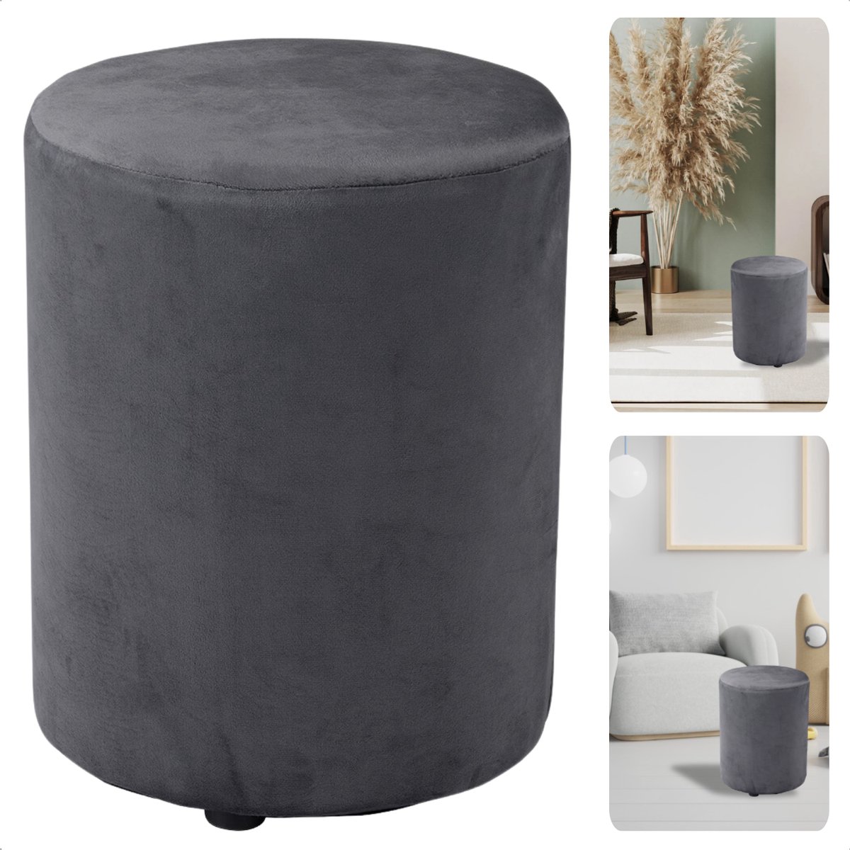 Cheqo® Poef Fluweel Grijs - Poefje - Bijzettafel - Voetenbankje - Stijlvolle Zitmeubel - Compact Design - Modern Interieur - Inclusief EBOOK