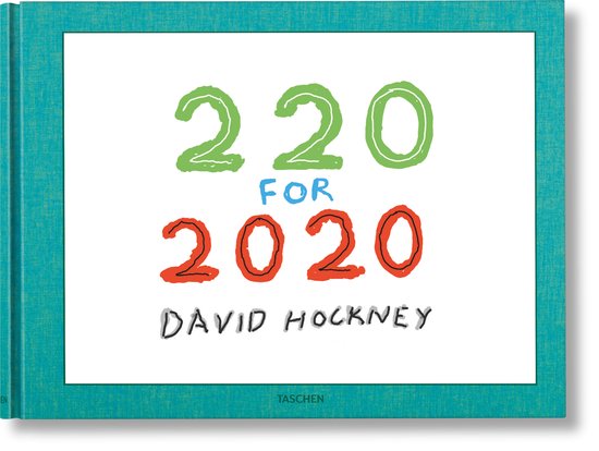 Boek met de tekst '220 FOR 2020 DAVID HOCKNEY' in kleurrijke letters.