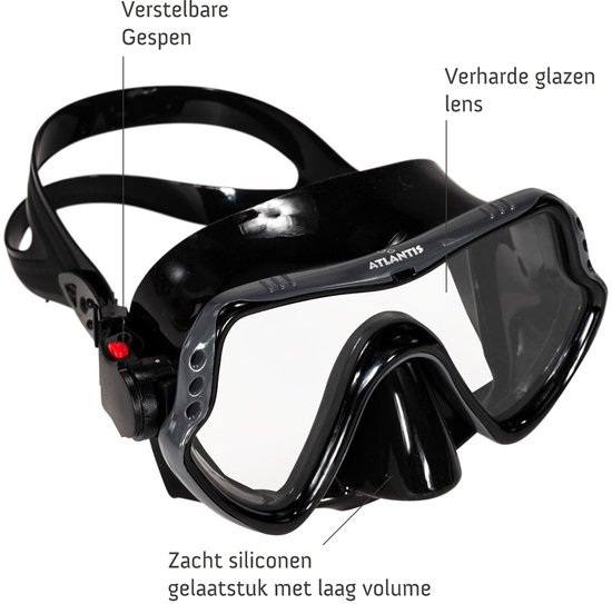Atlantis Samana Pro Combo - Snorkelset - Snorkel & Duikbril - Versterkt Glas - Dry Top - Luxe Bewaartas - Volwassenen - Zwart/Grijs