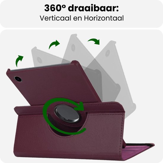Demonstratie van de 360 graden draaibare functie van het paarse tablethoesje.
