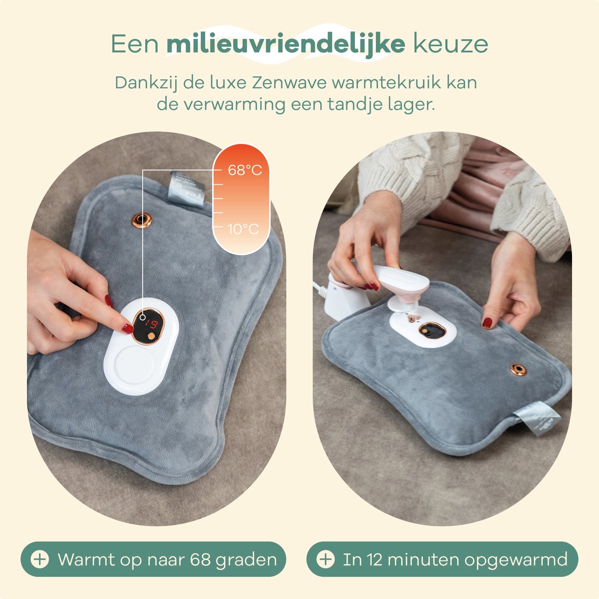 Zenwave Elektrische Kruik met Hoes - Digitaal Display - Warmtekruik & Waterkruik met Handwarmers - Oplaadbare Warmtekussen - Menstruatie Warmteband - Duurzaam & Draadloos - Kamperen & Outdoor - Warmwaterkruik Grijs – foto 5