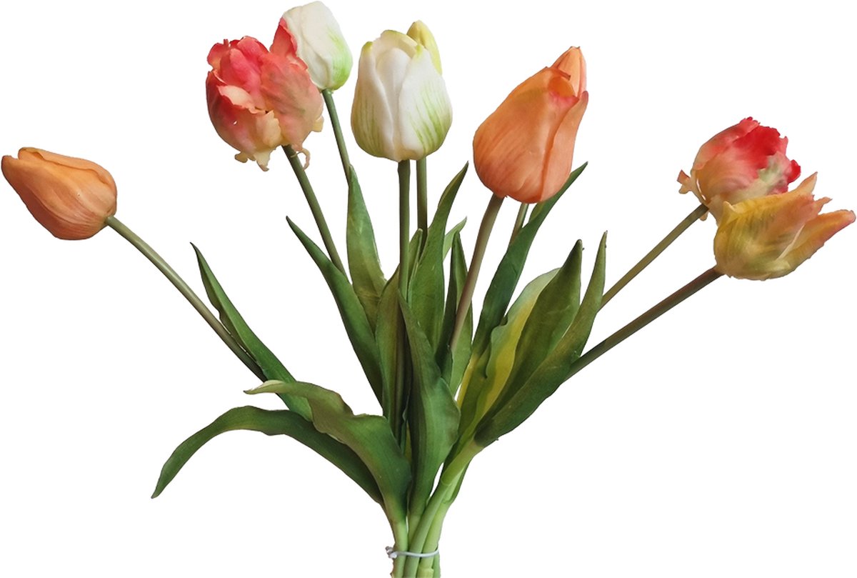 Viv! Home Luxuries Tulpenboeket - 9 stuks - kunststof bloem - 40cm - perzik wit Oranje