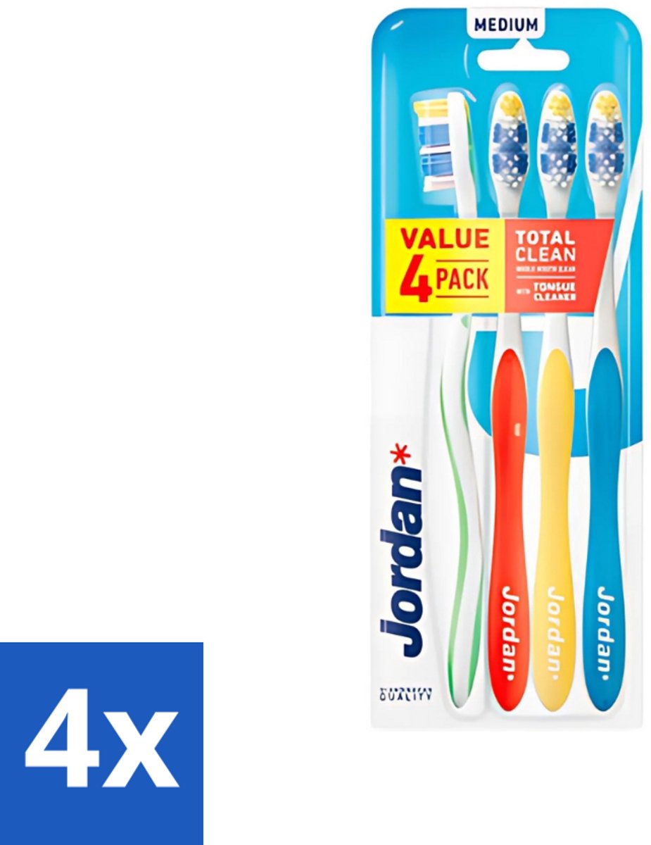 Jordan - Total Clean - Tandenborstels Medium - 4 Tandenborstels - Voordeelverpakking - 4 stuks