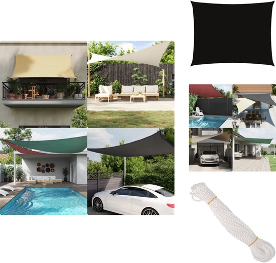 Collage van toepassingen voor zonneschermen: op een balkon, terras, bij een zwembad en onder een carport. Zwarte zonneschermen en een rol touw.