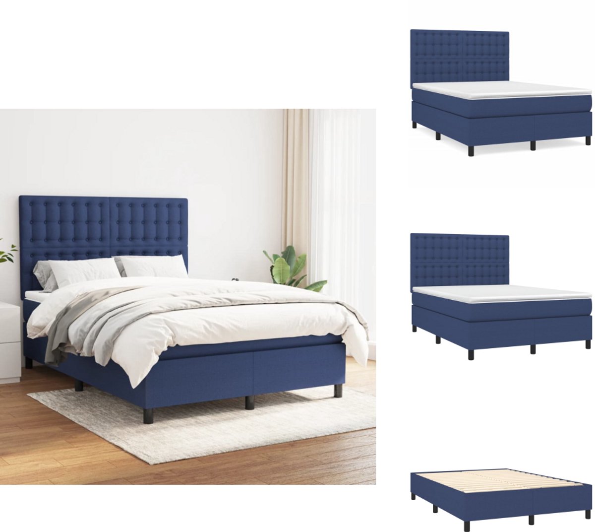 vidaXL Boxspring - Boxsprings - Bed - Slaapmeubel - Boxspring met matras stof blauw 140x190 cm