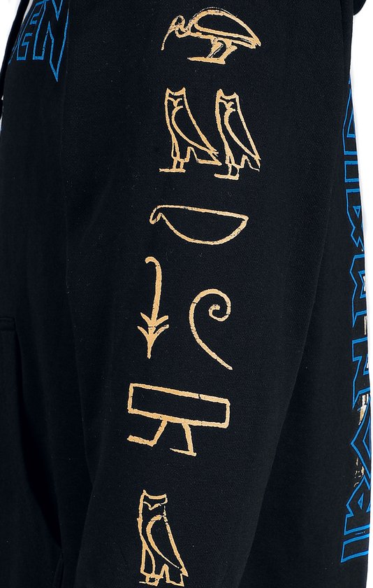 Zwarte hoodie met Egyptische hiëroglyfen en uilen op de mouw.