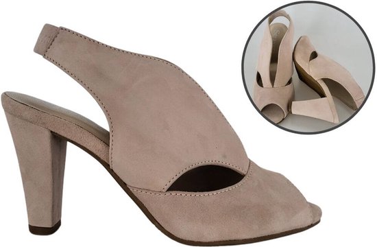 Stravers - Escarpins à bout ouvert en daim nude à hauteur de cheville, taille 44, grande taille, talon haut