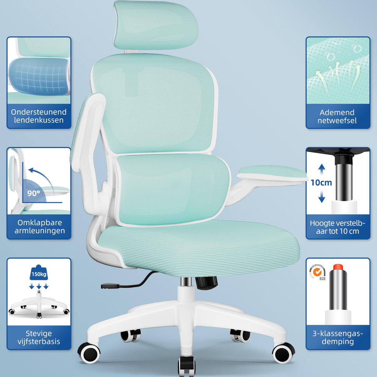 Elekiatech Ergonomische Bureaustoel - Bureaustoel met Opklapbare Armleuningen - Bureaustoelen voor Volwassenen - 150 Kg - Blauwgroen thumbnail 3