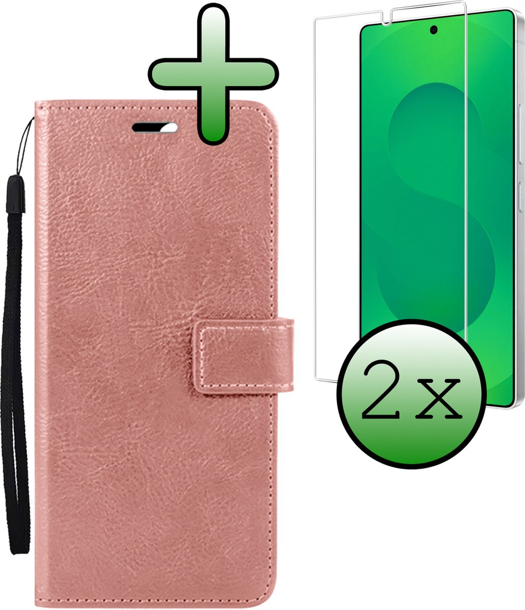 Hoesje Met 2x Screenprotector - Geschikt voor Samsung Galaxy S25 Ultra - Luxe Pasjeshouder - Bookcase Portemonee - Flip Case - Kunstleer Book Case - Flipcase Hoes - Book Cover - Walletcase - Portemonneehoes - Rosé goud