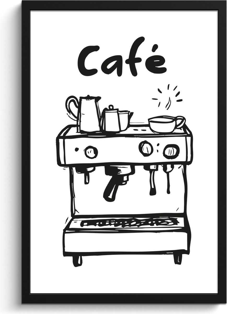 FrameYourWall Fotolijst inclusief poster - Posterlijst 40x60 cm - Posters - Illustratie - Café - Koffiemachine - Kopjes - Foto in lijst - Keuken decoratie muur - Wanddecoratie accessoires - Muurdecoratie - Schilderijen