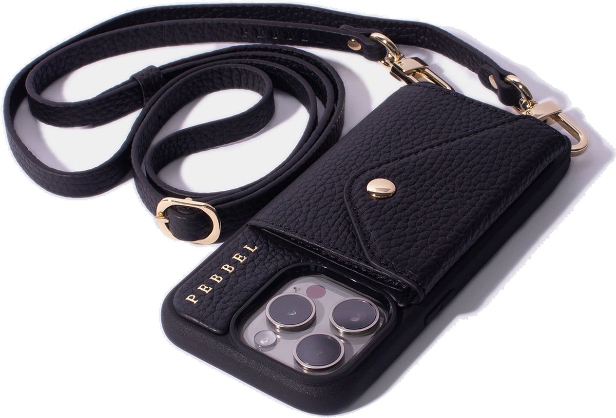 Pebbel Crossbody Hoesje Zwart - Geschikt voor iPhone 14 Pro - Luxe Hoesje met Koord - Echt Italiaans Leer - Pasvakje