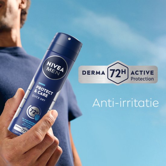 Man houdt NIVEA MEN Protect & Care spuitbus vast, 'DERMA 72H ACTIVE Protection' en 'Anti-irritatie'.