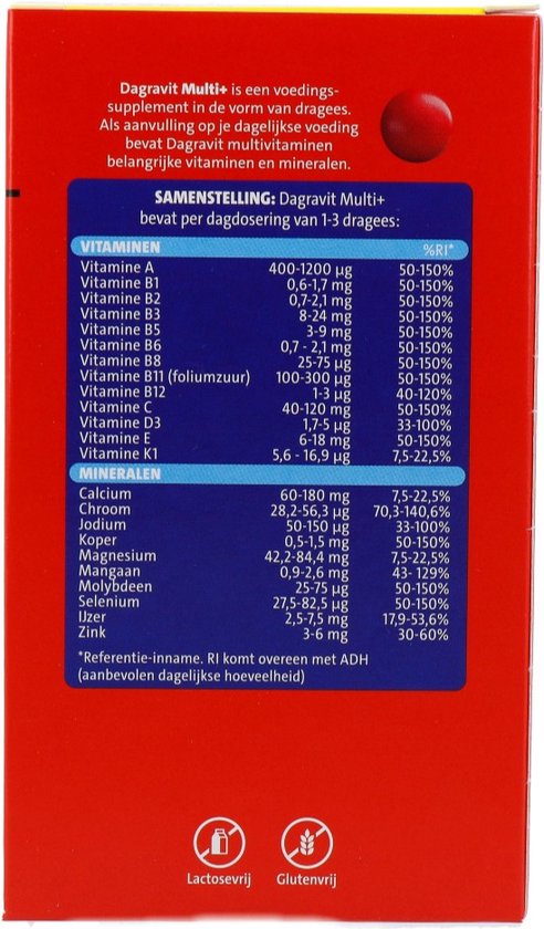 Dagravit Multi+ samenstelling: Vitaminen en mineralen per dagdosering van 1-3 dragees. Lactosevrij, glutenvrij.
