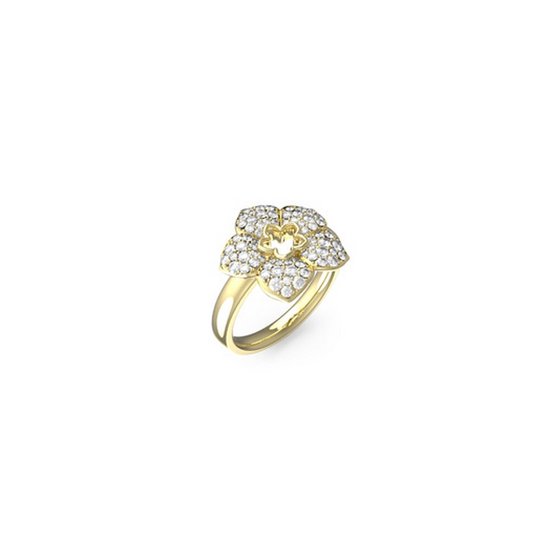 Bague dorée avec une tête en forme de fleur sertie de pierres de zircone.