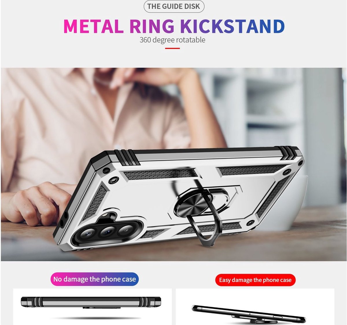 Mobigear Hoesje geschikt voor Samsung Galaxy A36 Telefoonhoesje Hardcase | Mobigear Armor ring Backcover Shockproof met Ringhouder | Schokbestendig Galaxy A36 Telefoonhoesje | Anti Shock Proof - Zilver