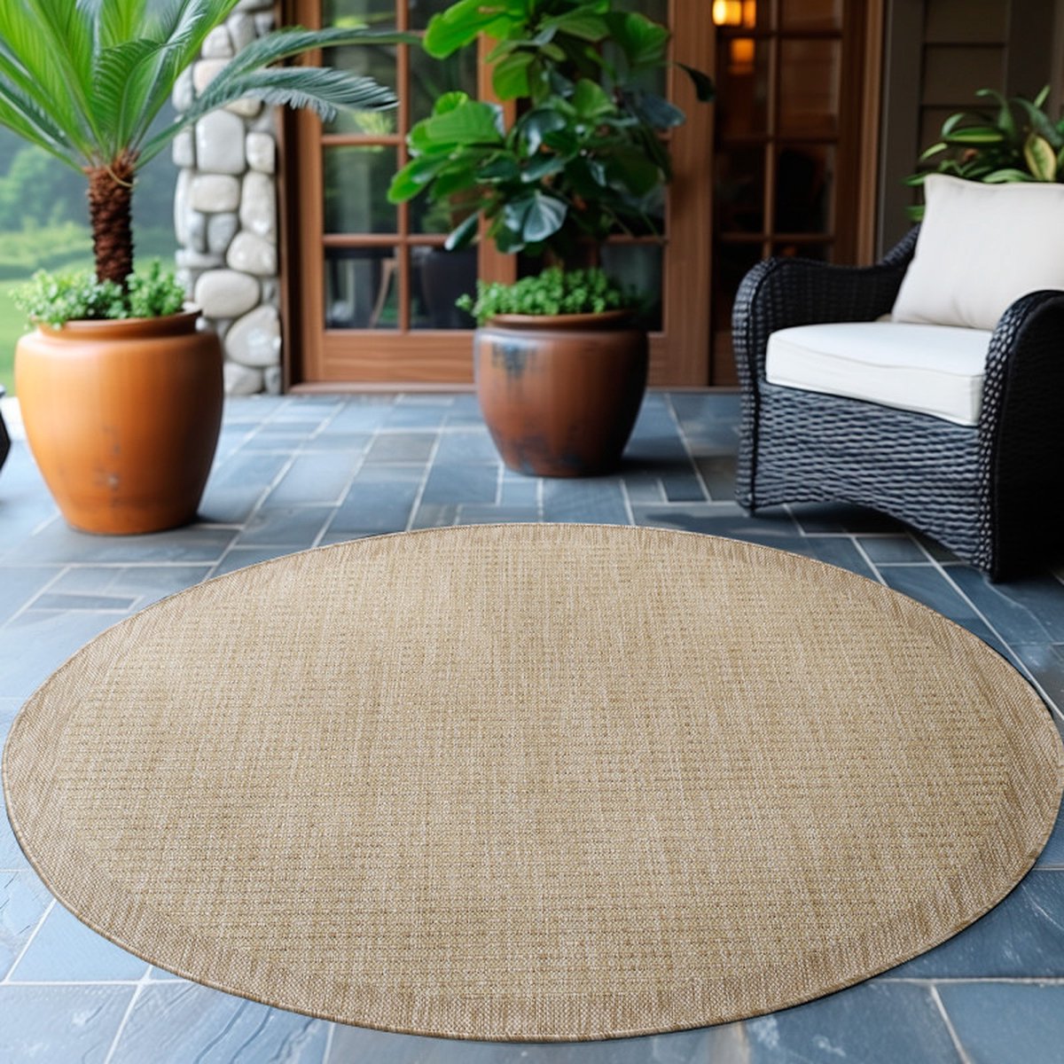 Flycarpets Riza Rond Binnen & Buitenkleed Beige - Laagpolig Tuintapijt - Kader Motief - 200 cm
