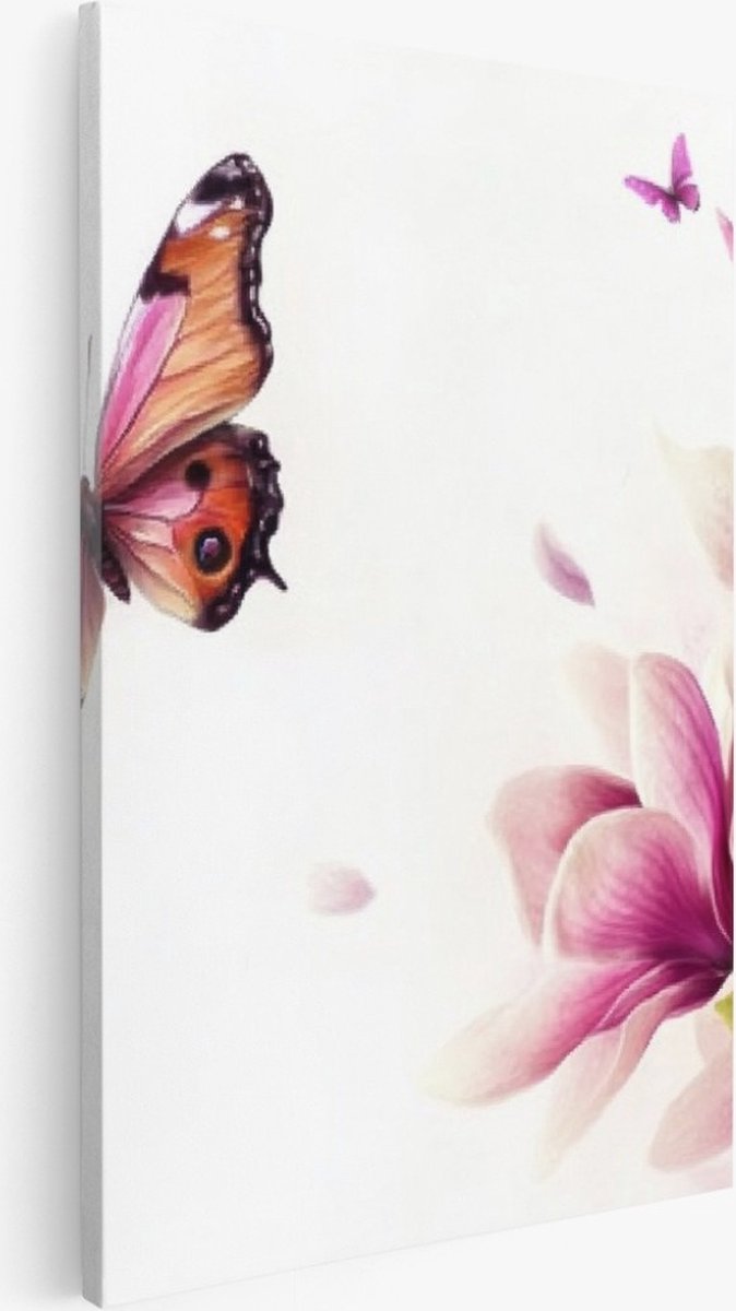 Saammp Canvas Schilderij - vlinders bij roze bloemen - Natuur - 20x30 - Foto op canvas - Wanddecoratie - Muurdecoratie Woonkamer - Slaapkamer decoratie - Canvas Print Multicolor