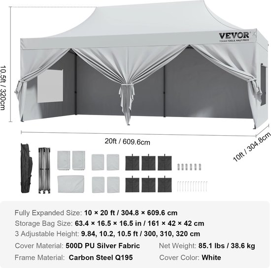 Tent - Luifel - Campingtent - Partytent - Pop-up luifel - Instant luifel - Verwisselbare zijwanden - Draagbaar - Gazebo UV-bestendig - Waterdichte tenten voor buitenevenementen Party - 10x20ft - Zilver van Merkloos — afbeelding 5