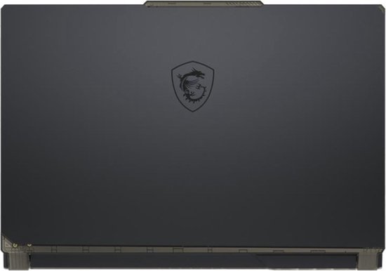 Gesloten zwarte MSI gaming laptop met het MSI-draaklogo in reliëf op de deksel.