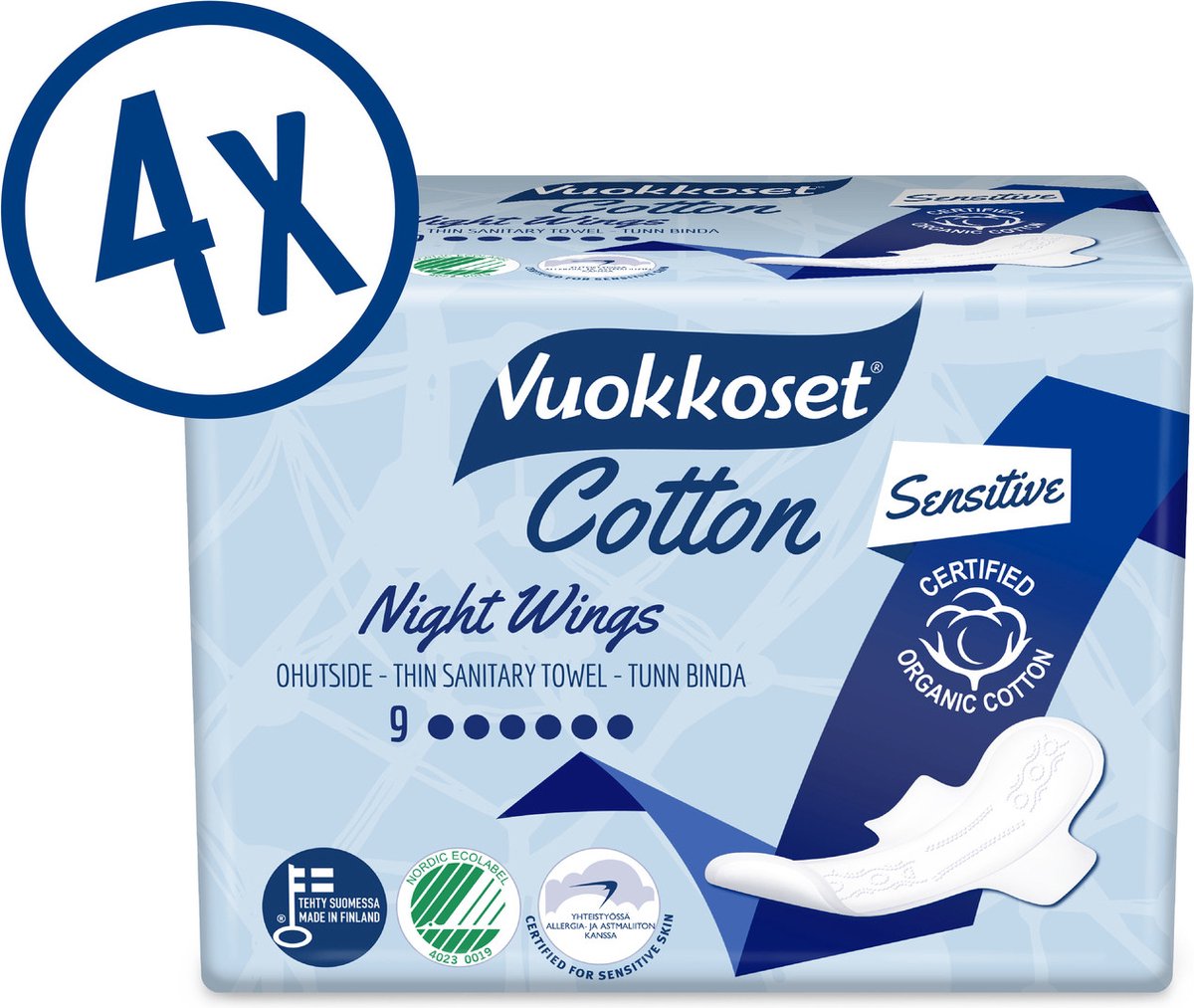 Goedkoopste Vuokkoset Nacht Maandverband met Vleugels - Biologisch Katoen - 36 stuks - Comfortabel - Geschikt voor Gevoelige Huid - Dermatologisch Getest