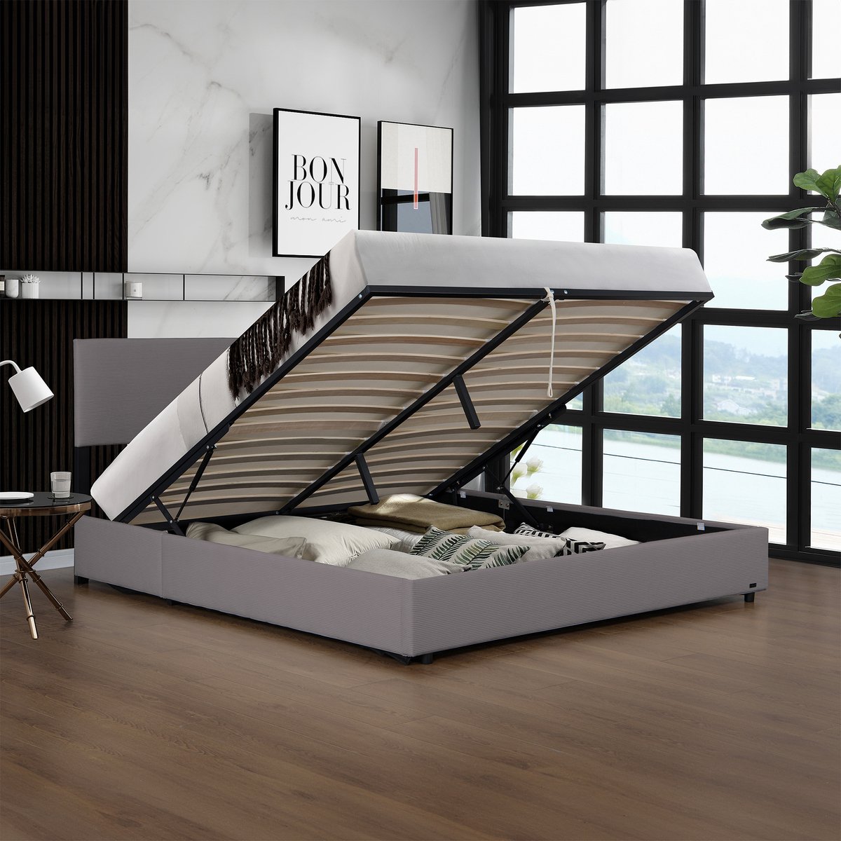 Tweepersoonsbed Juva met lattenbodem en opbergruimte 180x200 cm grijs Corium