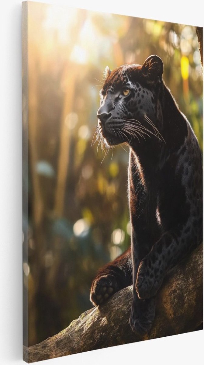 Saammp Canvas Schilderij - Zwarte Panter op boom - Dieren - Natuur - 50x70 - Foto op canvas - Wanddecoratie - Muurdecoratie Woonkamer - Slaapkamer decoratie - Canvas Print Multicolor
