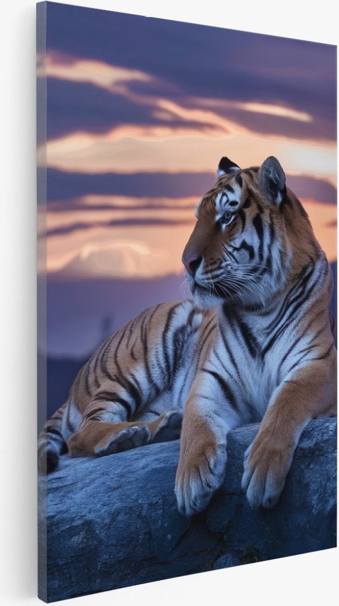 Saammp Canvas Schilderij - Tijger op rots in zonsondergang - Natuur - Dieren - 60x90 - Foto op canvas - Wanddecoratie - Muurdecoratie Woonkamer - Slaapkamer decoratie - Canvas Print Multicolor