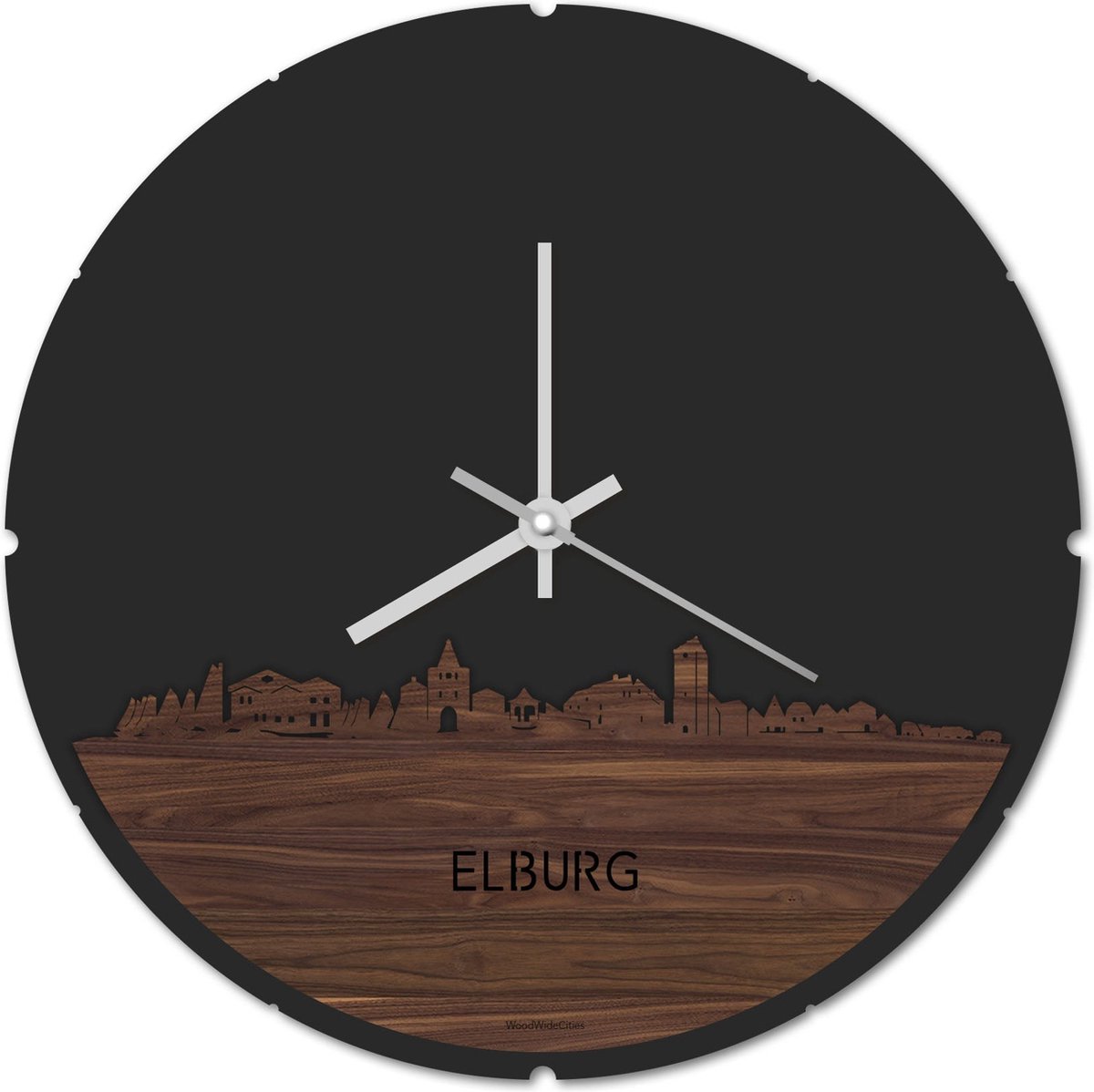 Skyline Klok Rond Elburg Notenhout - Ø 44 cm - Stil uurwerk - Wanddecoratie - Meer steden beschikbaar - Woonkamer idee - Woondecoratie - City Art - Steden kunst - Cadeau voor hem - Cadeau voor haar - Jubileum - Trouwerij - Housewarming -