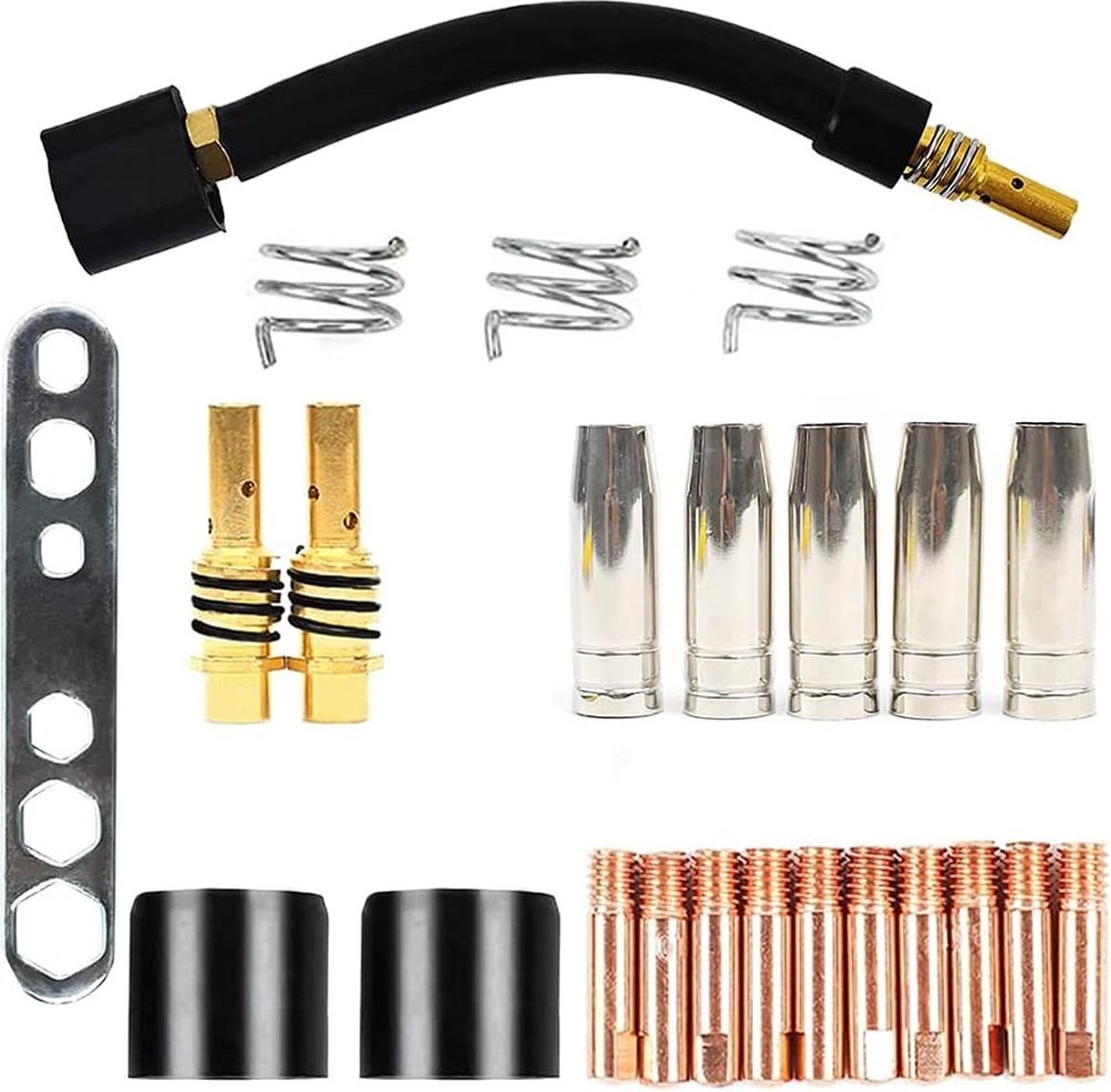 Image of 24-delige set slijtageonderdelen voor MIG/MAG lasbrander - 5 x gassproeier - 2 x mondstukstok - 10 x stroommondstuk M6 08 mm - 2 x isolator - 3 x houderveer - 1 x gereedschap - 1 x branderhals in . .