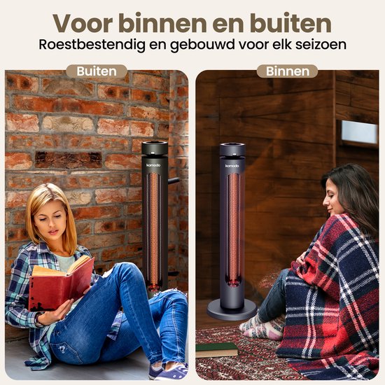 Een staande infrarood verwarming met een zwarte behuizing en koperkleurige elementen, zowel buiten bij een muur als binnen bij een houten wand.