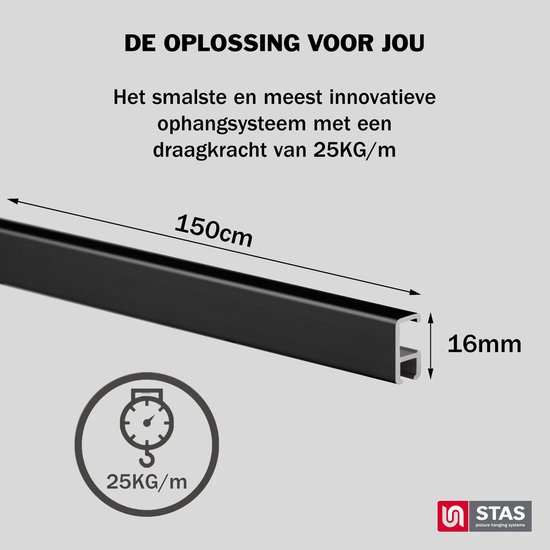 STAS Schilderijrail Ophangsysteem Schilderijen / Fotolijsten Poster Ophangrails Zonder Boren Ophanghaak Ophangrek Minirail Wit 300 Cm Complete Kit 591079699