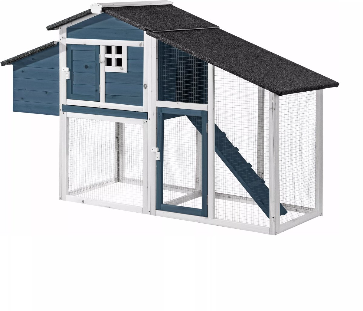 Vente-unique Kippenhok in hout met omheining - 4 kippen - L173 x D64 x H108 cm - Blauw en wit - LEVAS