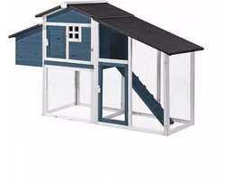 Vente-unique Poulailler en bois avec clôture - 4 poules - L173 x P64 x H108 cm - Blauw et blanc - LEVAS L 173 cm x H 108,4 cm x P 63,8 cm