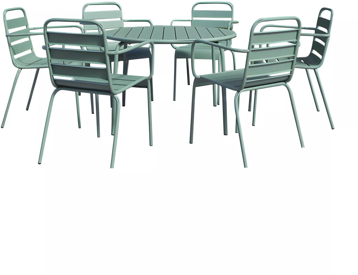 Tuinset met ronde metalen tafel en 6 opstapelbare fauteuils in amandelgroen.
