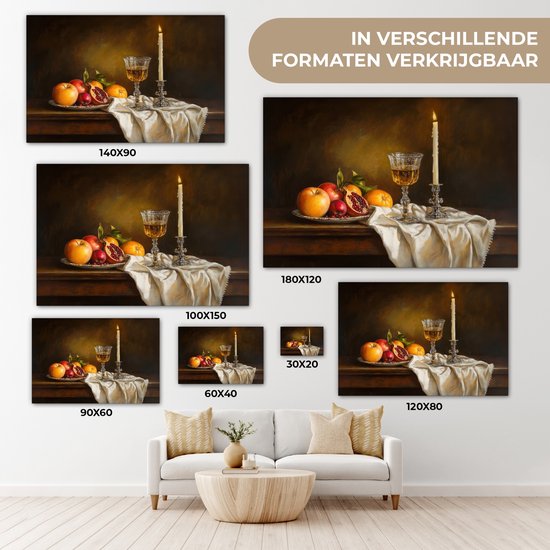 Peinture sur toile 140x90 cm - Décoration murale Fruits - Nature morte - Vin - Bougie - Décoration murale murale salon - Décoration chambre - Accessoires de chambre - Peintures sur toile