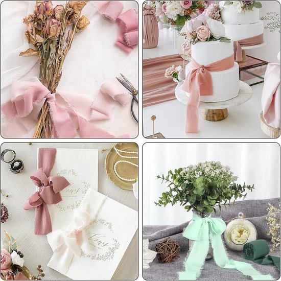 FAKILO Handgemaakt chiffon lint met franjes - 4 rollen 2 cm x 13 m lichtgroen, 20 m chiffon zijden lint voor huwelijksuitnodigingen, bruidsboeketten