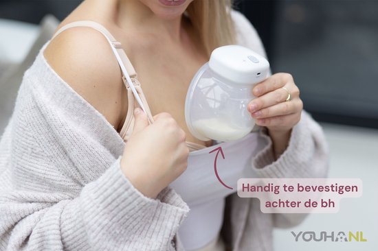 Vrouw bevestigt de draadloze borstkolf achter haar bh. Tekst: Handig te bevestigen achter de bh.