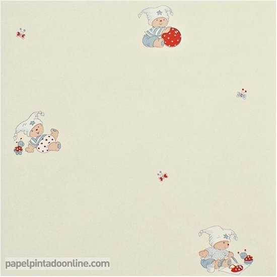 Crèmekleurig behang met illustraties van slapende baby's met mutsjes en vlinders.