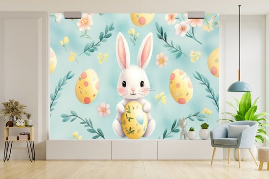 Behang - Fotobehang Konijn - Eieren - Takjes - Breedte 375 cm x hoogte 280 cm
