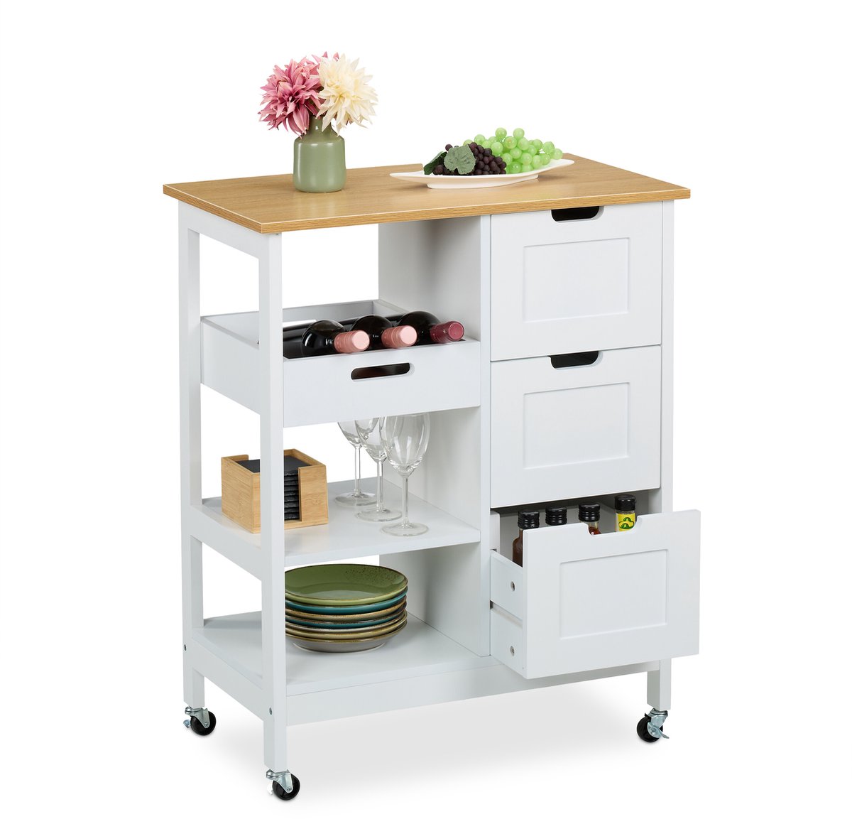 keukentrolley op wieltjes - met werkblad - 3 lades - 85 x 68,5 x 38,5 cm - wit