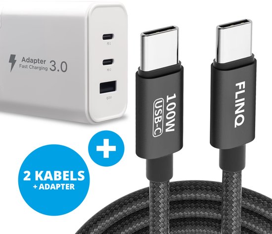 FlinQ 2x USB C naar USB C Oplaadkabels 100W + Adapter 65W - Snellader voor Telefoon, Laptop & Tablet - Zowel Datakabel als Oplader - 2 Meter Lange Nylon Oplaadkabel