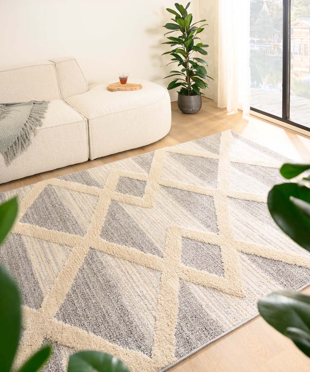 Tapeso Scandinavisch vloerkleed - Fjord Farger grijs/crème 60x100