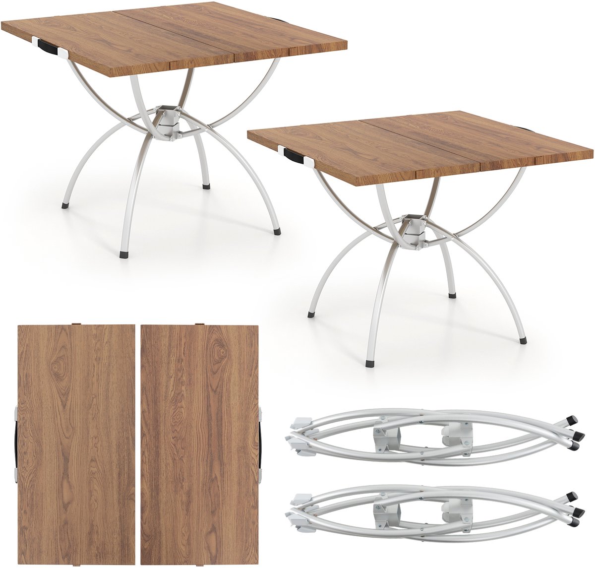 COSTWAY Set van 2 inklapbare campingtafels, uittrekbare klaptafel met aluminium frame en houtlook, vouwtafel met draagtas, voor wandelen, picknick, camping