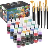 Set de peinture acrylique 36 pièces - 24 Tubes de peinture acrylique 59 ml et 12 Pinceaux - Pack de peinture complet pour Adultes et Enfants