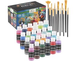 foto van Acrylverf Set 36pcs - 24x Acrylverf Tubes 59ML & 12x Penselen – Compleet Schilderpakket voor Volwassenen en Kinderen