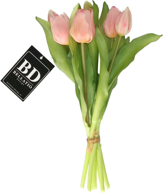 Bouquet de tulipes artificielles Bellatio Design Vermeer - 7x pièces - rose clair - toucher réel - 31 cm