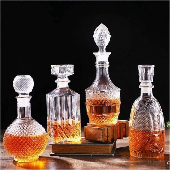 Glazen karaf Liquor Decanter, karaf met luchtdichte stop, reliëf glazen