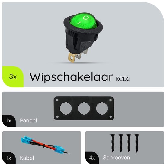 3x Groene wipschakelaars met panelen, kabel en schroeven.