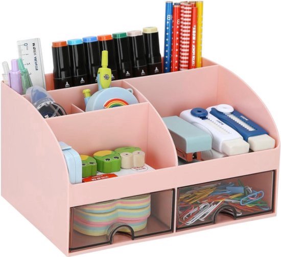 LOMUG Bureau-organizer, 7 vakken, tafel-bureau-organizer van kunststof, multifunctionele pennenhouder, bureau met lade, bureauaccessoires, pennenkoker voor kantoor, huis, school, meisjes en jongens